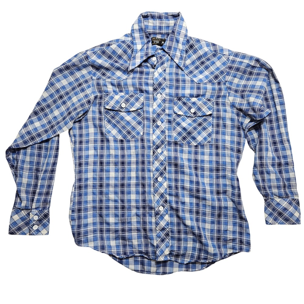 Vintage Towncraft JCPenney Blue Plaid Western Tapered Button Up Shirt Mens M *